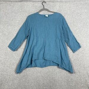 Pure Match Linen Shark Bite Tunic Top Womens L Blue Lagenlook Coastal Travel